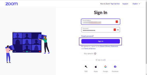 Screenshot showing sign in to Zoom